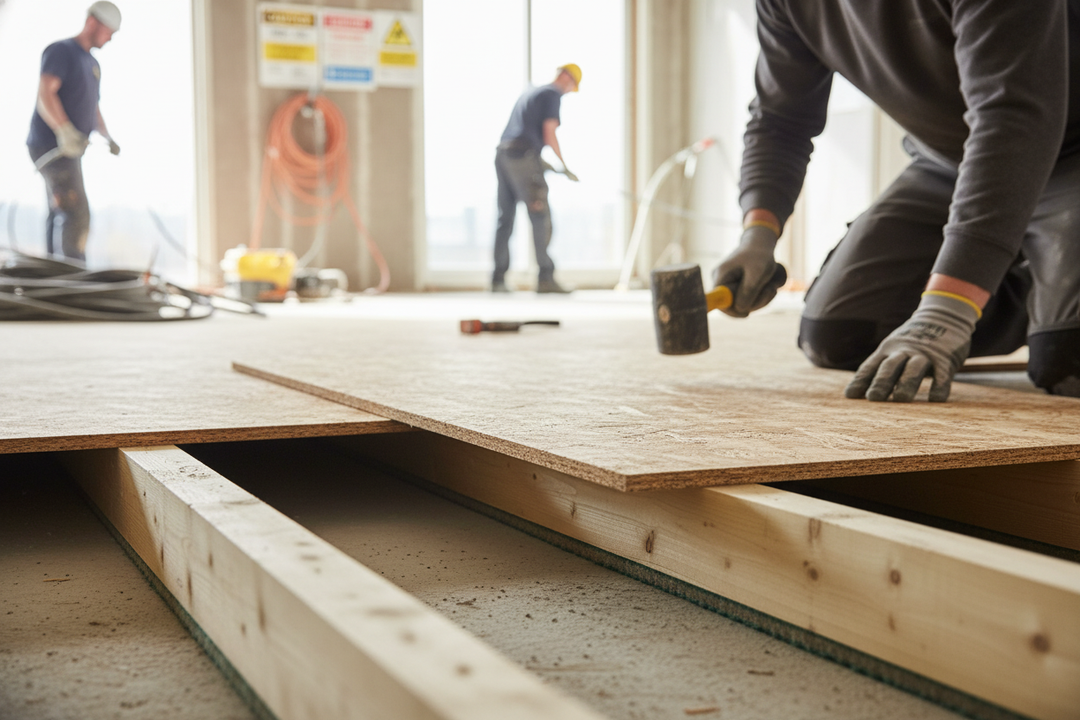 Workers install a raised sub-floor using the Premium 75mm Composite Batten for Impact Sound Insulation and Support in Timber Flooring, highlighting its role in soundproofing and acoustic noise reduction.