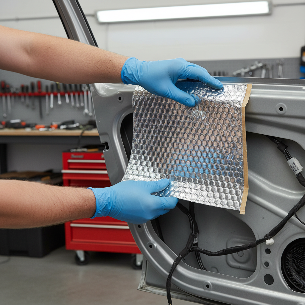 Gloved hands apply the Premium Self-Adhesive Sound Deadening Vibration Damper Sheet onto a car door panel, showcasing its noise reduction and high-grade butyl construction for effective soundproofing and acoustic insulation.