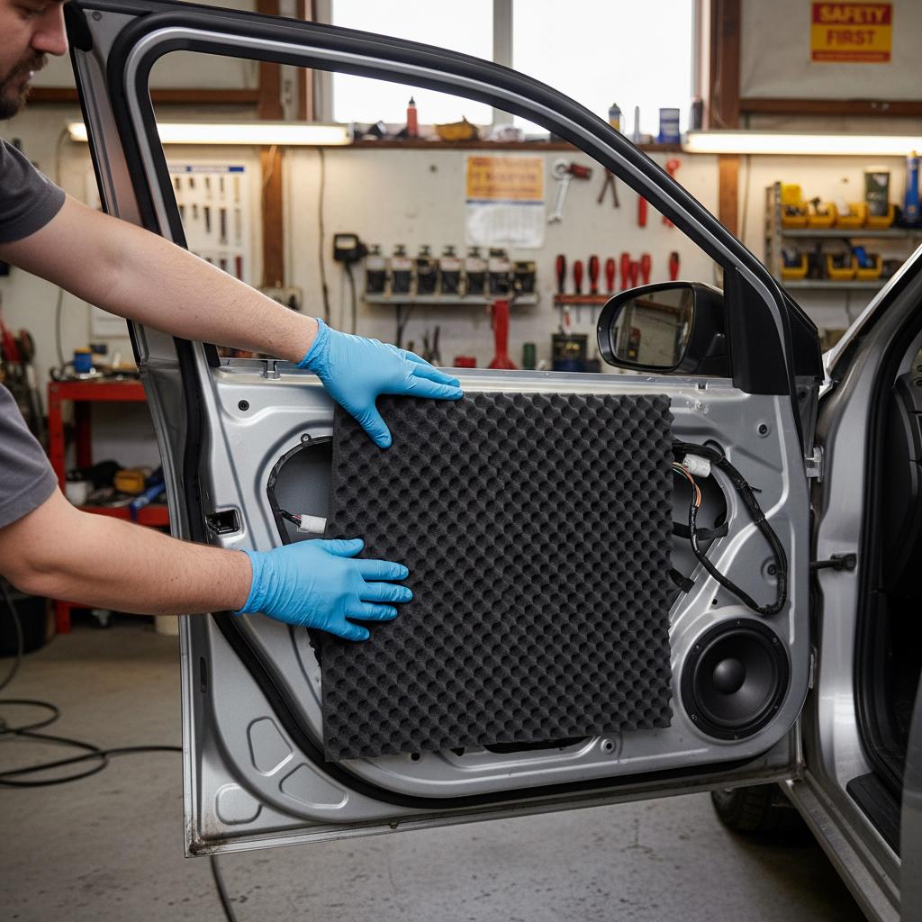 Person fitting Premium Sound Absorber 15mm - 4 Sheet Pack for Enhanced Noise Control and Flexibility inside car door, showing acoustic foam application for soundproofing and vibration damping, alongside car speaker and tools.