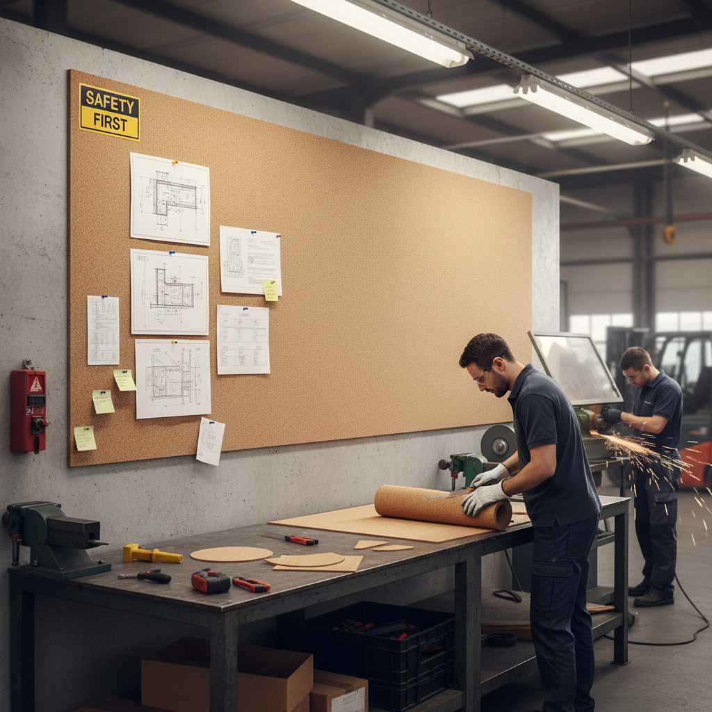 Premium Large Fine Grain Cork Roll 7m x 1m - 4mm Thick for Interior Walls; depicted being prepared in an industrial workshop, highlighting its soundproof and acoustic insulation qualities for commercial applications.