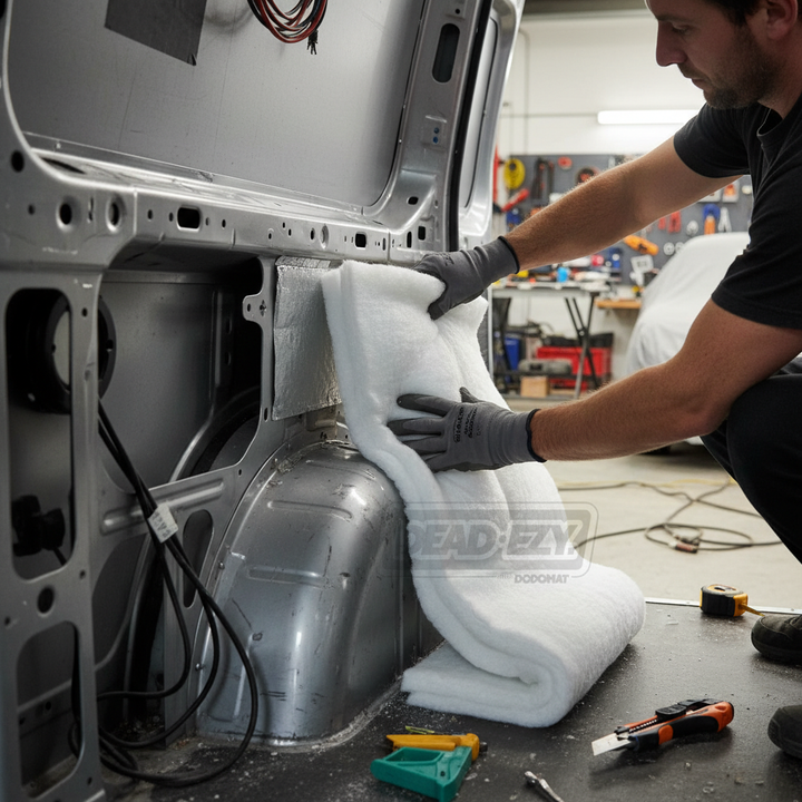 Person installing Premium 35mm Ecofill Insulation Roll for Camper Vans - 3.7sq.m Coverage with Recycled Materials in a van, demonstrating soundproofing and acoustic noise reduction capabilities. Tools and workbench visible.