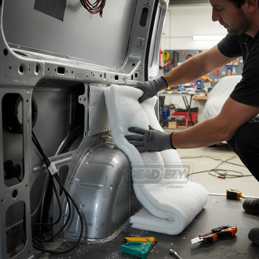 Person installing Premium 35mm Ecofill Insulation Roll for Camper Vans - 3.7sq.m Coverage with Recycled Materials in a van, demonstrating soundproofing and acoustic noise reduction capabilities. Tools and workbench visible.