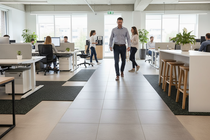 Premium Tilemat for Impact Sound Insulation Under Ceramic and Stone Floors - 5m x 1.25m x 10mm. Shown in a modern office walkway, ideal for soundproofing and noise reduction in commercial spaces.