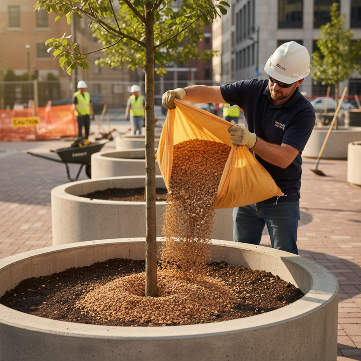 Worker pours small stones around tree base in urban development setting, showcasing Premium 30kg Bulk Bag of High-Quality Cork Granules - 5-15mm Size, 100-120kg/m³ Density for soundproof, acoustic, noise reduction applications.