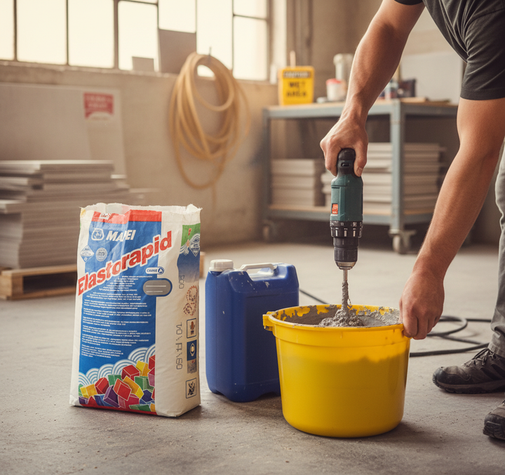 Premium Two-Part Cementitious Tile Adhesive with Extended Open Time for Ceramic Tiles and Stone - 25Kg Kit, shown in use with a drill mixing mortar, ideal for soundproof and acoustic applications.