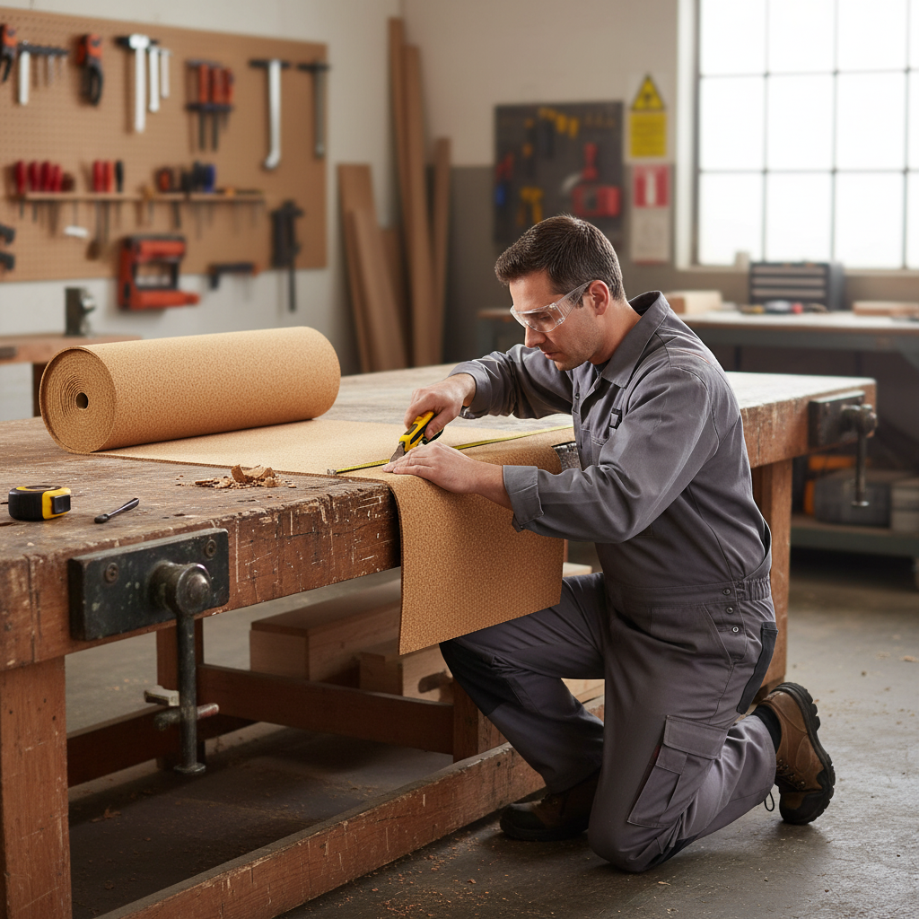 Craftsman measuring a Premium Fine Grain Large Cork Roll, 3m x 1m, 6mm thick, ideal for soundproofing and acoustic insulation in industrial and commercial applications, ensuring effective noise reduction and vibration damping.