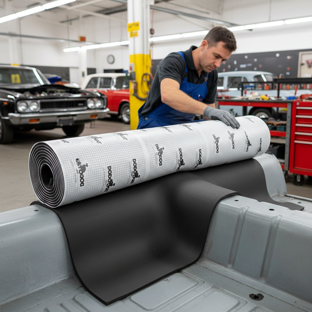 Mechanic applying Premium Self-Adhesive Flexible Foam Liner 12mm - 3sqm Roll for Thermal and Acoustic Insulation onto car floor, enhancing soundproofing, noise reduction, and vibration damping in vehicle interiors.