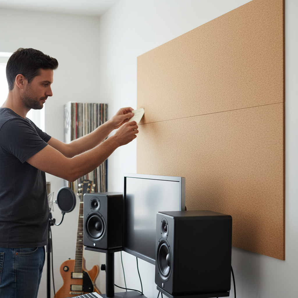 Premium High Density Cork Rolls - 915mm x 305mm - 3mm Thick, Pack of 4 for Train Track Underlay featured in a personal music studio, ideal for soundproofing, acoustic insulation, and noise reduction.