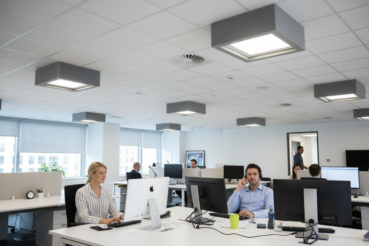 Premium Acoustic Light and Air Diffuser Hoods 595mm x 595mm enhance ceiling performance by reducing noise transmission. Installed above office desks, they improve sound insulation and acoustic quality in modern workspaces.