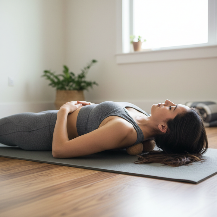 Young woman using Premium Natural Cork Yoga Massage Balls 90mm - 2 Pack for Muscle Relief and Flexibility on a yoga mat, showcasing their eco-friendly design for effective muscle tension relief and enhanced flexibility.