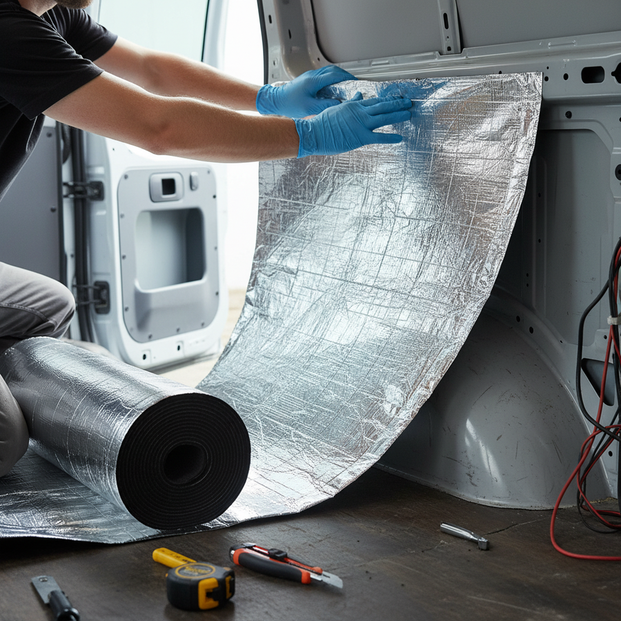 Installer fitting Premium Heavy Duty Thermo Liner 6mm for Insulation - 10m² Roll with Enhanced Thermal Performance and Self-Adhesive Installation inside a van, with tools like a tape measure and utility knife visible.