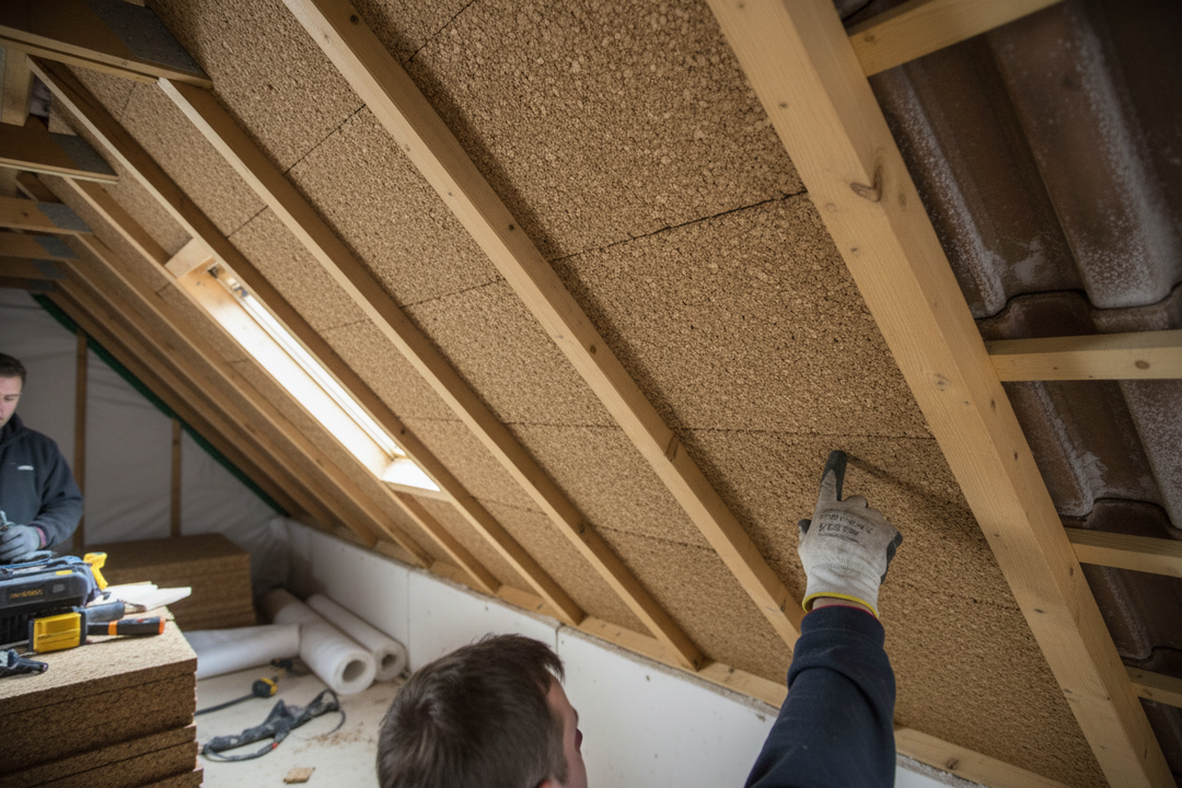 Premium Insulation Cork Board Pack of 5 Sheets - 1000mm x 500mm x 60mm for 2.5m² Coverage. Shown during attic retrofit, fitting between rafters for effective soundproofing, acoustic insulation, and noise reduction.