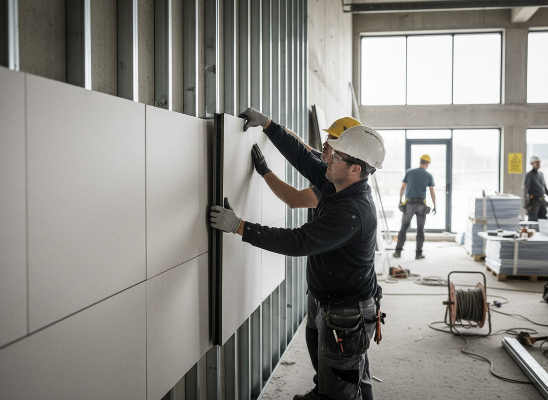 Tradesmen install a Premium High-Performance Acoustic Building Board for Walls and Ceilings, using a spirit level to align it. This soundproof board enhances noise reduction and sound insulation, ideal for various constructions.