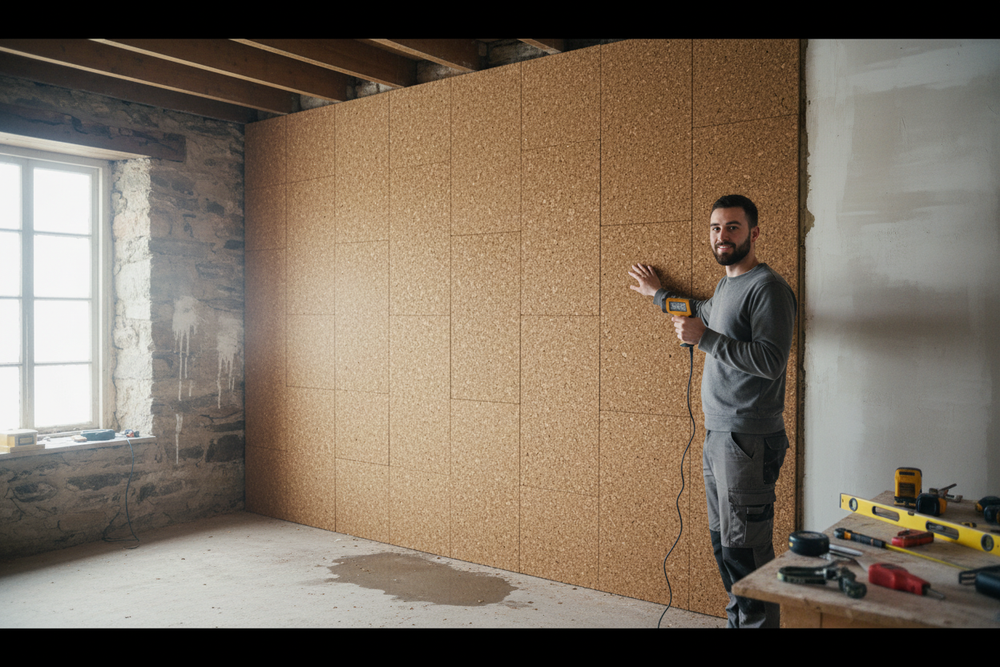 Man installing Premium Insulation Cork Board Sheets - 30 Pack, 1000mm x 500mm, 10mm Thick for 15m² Coverage. The cork panels provide soundproofing, acoustic insulation, and noise reduction, ideal for home renovations.