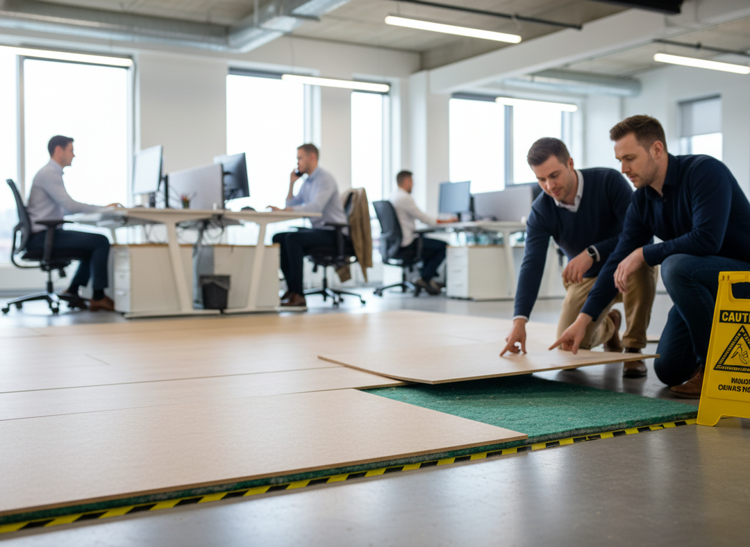 Business-casual workers install Premium High-Performance Acoustic Panel 17mm over green underlay in office, highlighting soundproof, noise reduction, and easy installation for superior acoustic insulation and vibration damping.