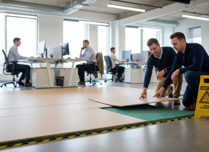 Business-casual workers install Premium High-Performance Acoustic Panel 17mm over green underlay in office, highlighting soundproof, noise reduction, and easy installation for superior acoustic insulation and vibration damping.
