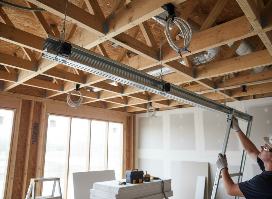 Premium Top Hat Furring Channel - 1850mm for Resilient Bar Applications seen installed in a construction site under exposed wood-framed ceiling, enhancing soundproofing and noise reduction in acoustic and vibration damping projects.