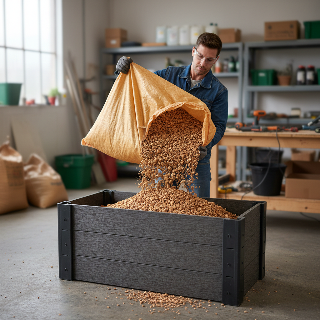 Man pouring a Premium 30kg Bulk Bag of High-Quality Cork Granules 3-35mm Size for Construction and Insulation into a planter, ideal for soundproofing, noise reduction, and acoustic applications.