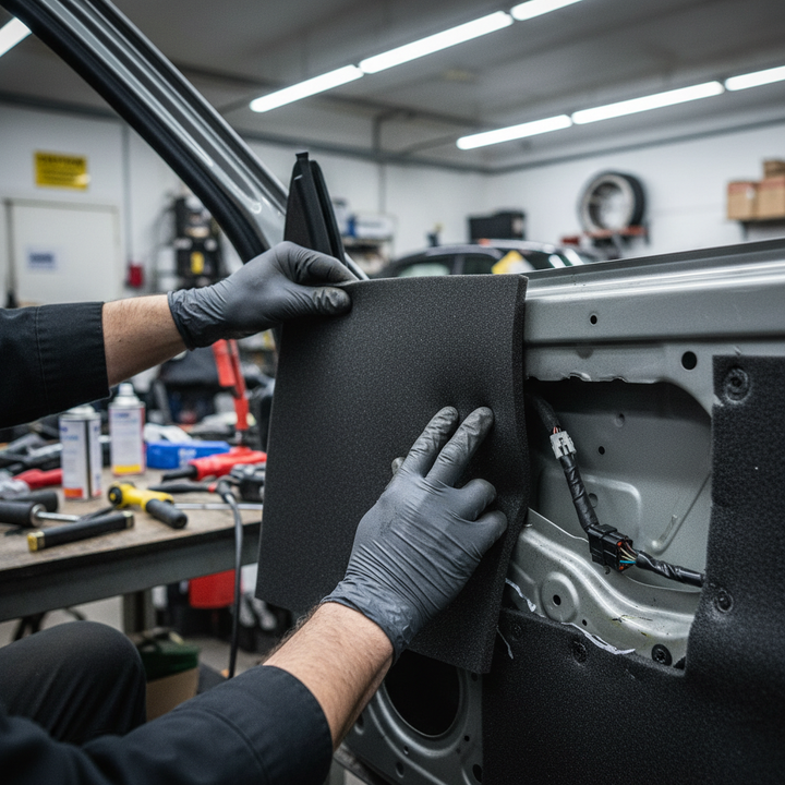 Technician fitting Premium Self-Adhesive Flexible Foam Liner 12mm Sheets for Vehicle Insulation and Sound Absorption onto car door, enhancing soundproofing, acoustic insulation, noise reduction, and vibration damping.