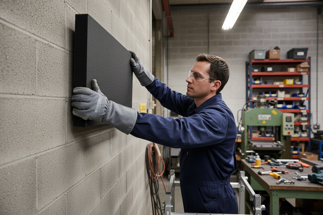 Technician installing Premium Absorption Panels for Noise Reduction in Restaurants, Cafes, Schools, and Village Halls, illustrating soundproof performance and acoustic enhancement in an industrial workshop setting.
