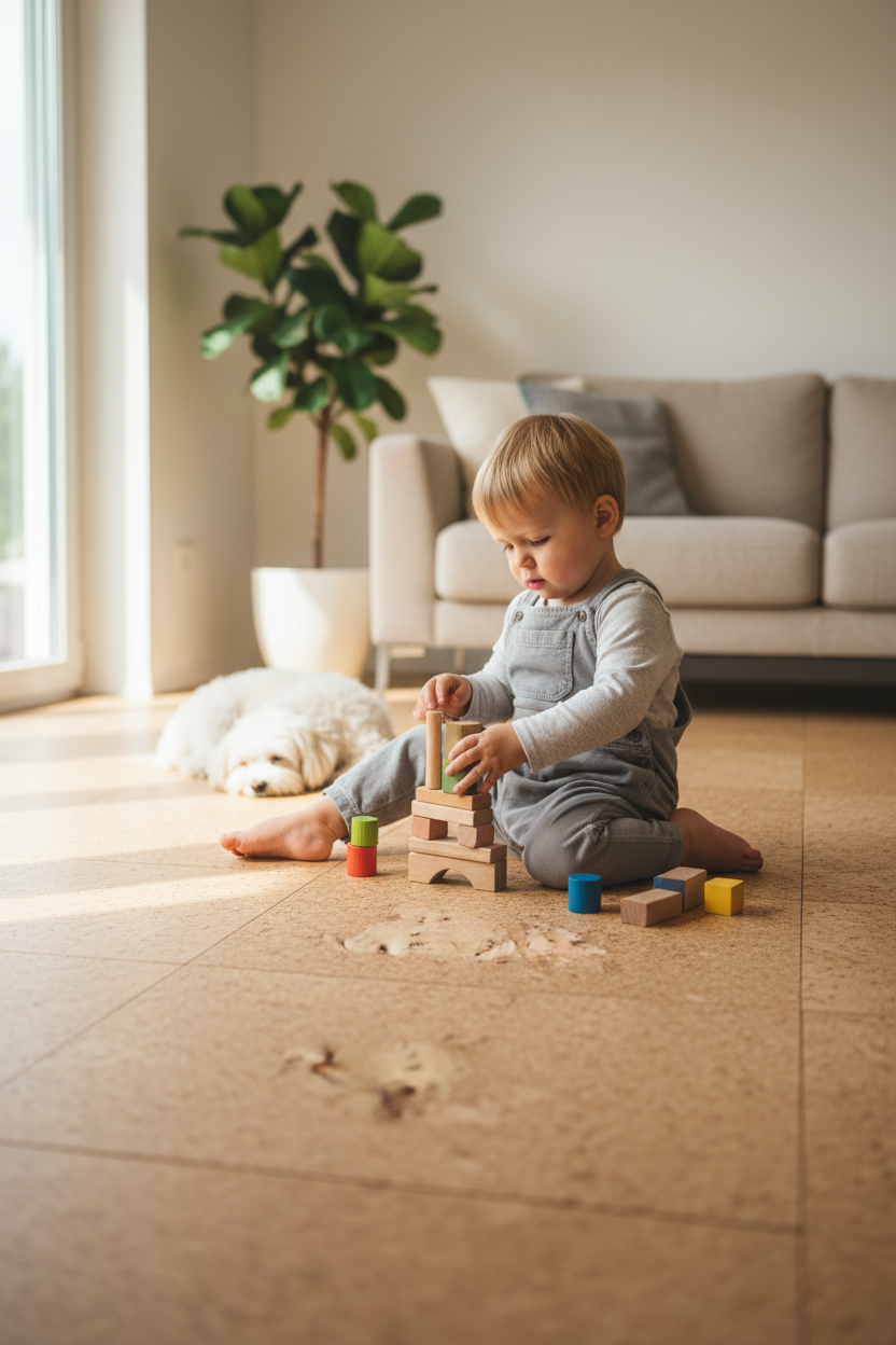 Toddler arranging colorful wooden blocks on Premium Natural Cork Flooring - 600mm x 300mm Tiles, 4mm Thick, 1.98m² Coverage with Sound Dampening Properties, highlighting its acoustic and noise reduction benefits in a modern living room.