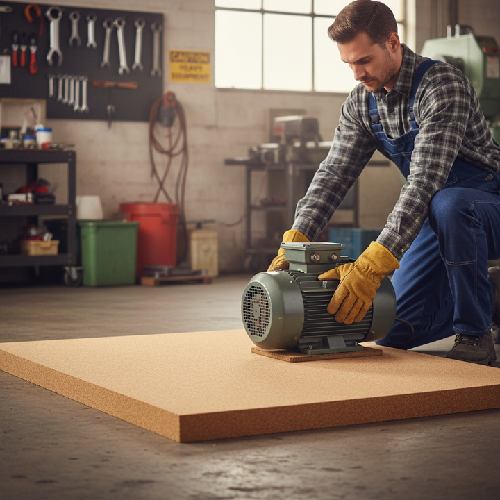 Man in workshop positions electric motor on Premium Non-Adhesive Cork Sheet - 915mm x 610mm x 100mm for Pinboards and Wall Coverings, ideal for soundproofing and noise reduction in various acoustic projects.