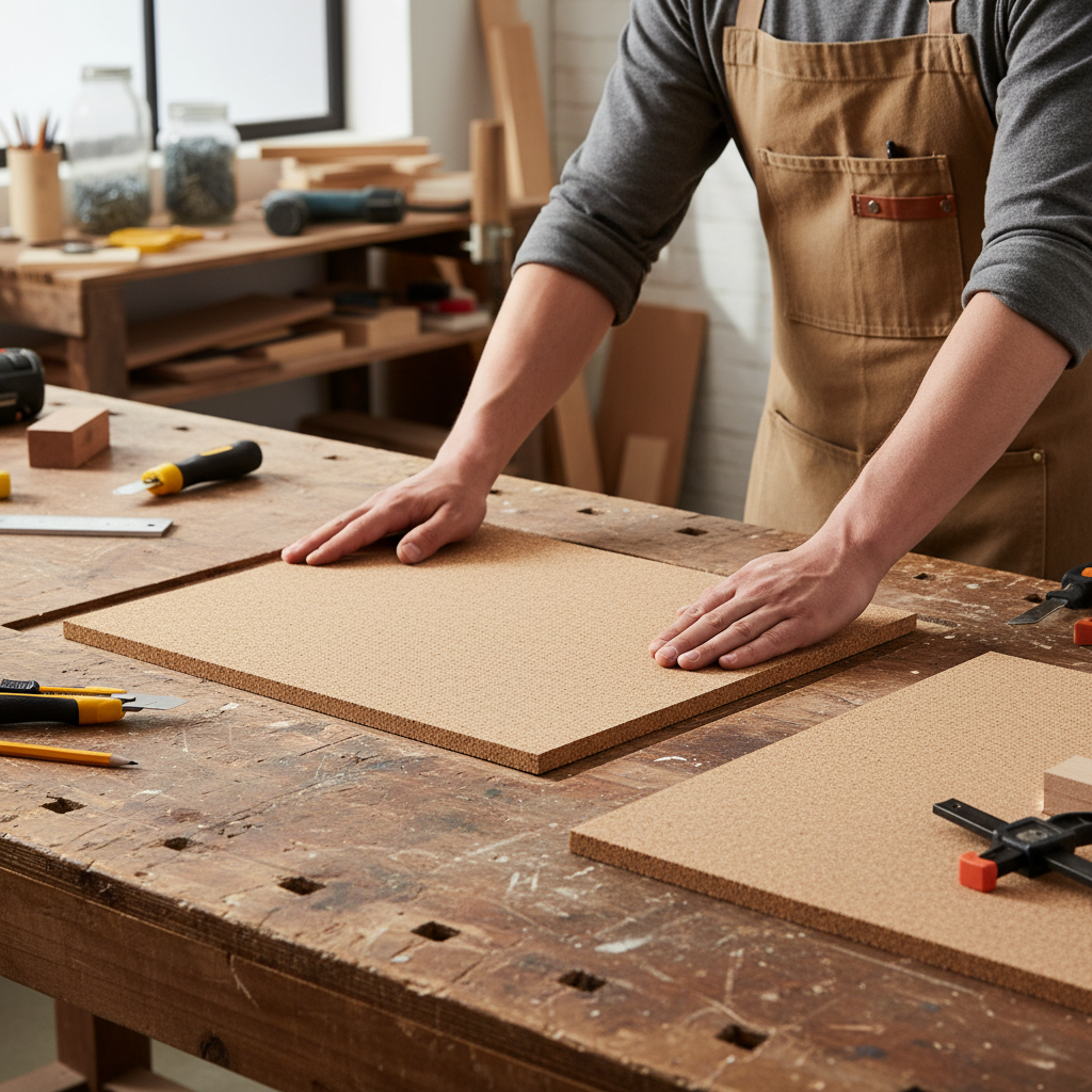 Premium Non-Adhesive Cork Sheets 915mm x 610mm - 25mm Thick - Pack of 2 for Wall Coverings and Pinboards, shown in a workshop setting with tools, highlighting their suitability for acoustic projects and sound insulation.