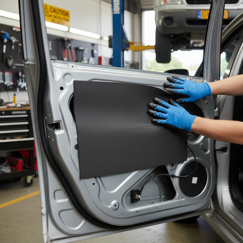 A technician applies the Premium Self-Adhesive Thermo-Acoustic Material 800x500mm, 6mm Thick to a car door, enhancing soundproofing and heat insulation. Ideal for noise reduction and vibration damping.