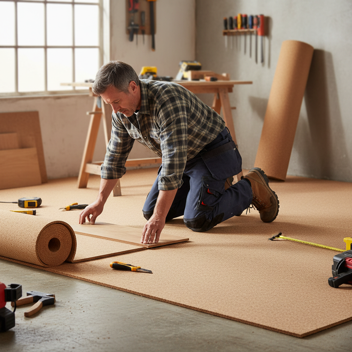 Man installing flooring using Premium Fine Grain Large Cork Roll - 7m x 1m, 10mm Thick, Natural Moisture Resistant Material for Interior Walls, ideal for soundproofing and noise reduction, surrounded by tools.