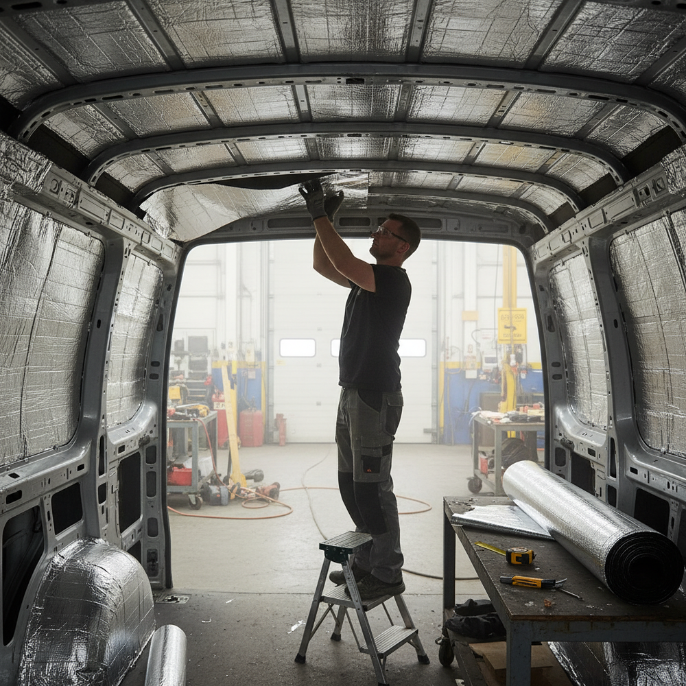 Man on a stepladder installs Premium 6mm Thermo Liner Roll - 10m² High-Performance Insulation for Vans and Campers, enhancing soundproofing and acoustic insulation with tools nearby in a workshop setting.