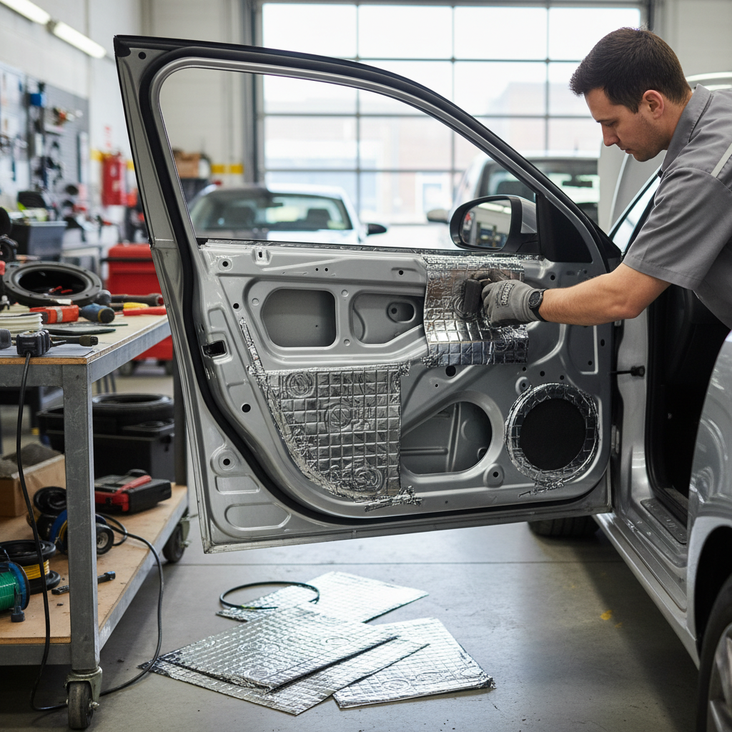 Technician installs the Premium 4mm Damping Mat - 23 Sheet Pack for Noise and Vibration Reduction in Vehicles, soundproofing a car door's inner frame with silver, foil-backed, acoustic insulation panels.