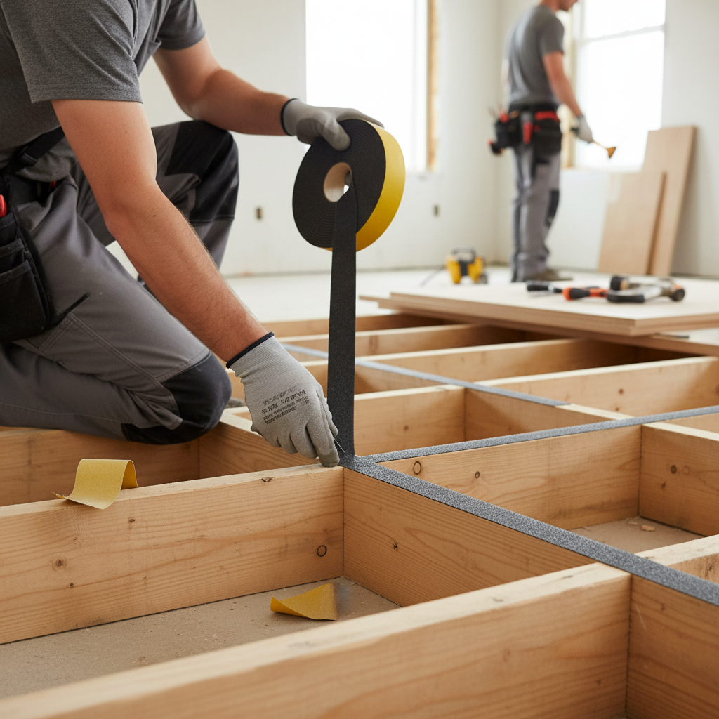 Premium Self-Adhesive dB Isolation Roll - 10000m x 100mm x 5mm for Acoustic Transfer Limitation being applied by a tradesman to floor joists, illustrating its role in soundproofing and vibration damping.