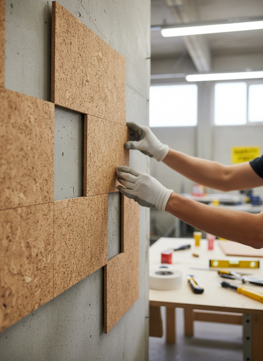 Person fitting Premium Belly Patterned Wall Tiles—600mm x 300mm, 3mm thick—onto a concrete surface, ideal for stylish interiors with soundproof and acoustic benefits. Pack covers 1.98m², enhancing noise reduction.