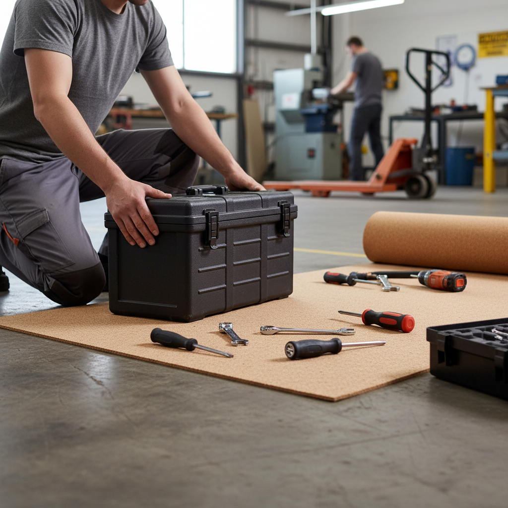 Worker kneels by Premium Fine Grain Large Cork Roll - 3m x 1m, 2mm Thick for Interior Walls, with tools in an industrial setting, emphasizing soundproof and acoustic properties for noise reduction.