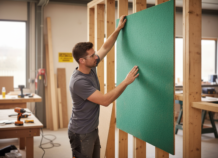 Man in workshop fitting a Premium Acoustic Chipboard dB Panel 32mm Thick - Noise Reduction with High Impact and Airborne Ratings, Ideal for Structural Applications, into a wooden frame, emphasizing soundproofing and acoustic insulation.