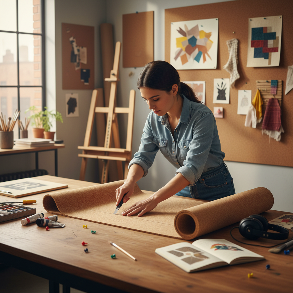 Young woman cuts Premium Medium Density Cork Rolls - 1 Meter x 300mm - Eco-Friendly Underlay Pack of 2, ideal for soundproofing and acoustic projects, in a creative studio filled with art supplies.
