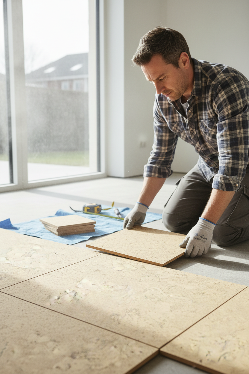 Man fitting Premium Natural Cork Flooring in Iceberg Cream, 600mm x 300mm tiles, 4mm thick, offering soundproof and acoustic benefits. Ideal for noise reduction and insulation in home renovations.