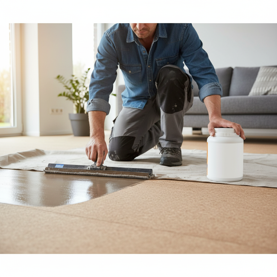 Tradesman applying Premium High-Performance Waterborne Polyurethane-Acrylic Finish 1L for durable, matt/satin coating on cork subfloor, enhancing soundproofing, acoustic insulation, and noise reduction in a high-traffic living room.