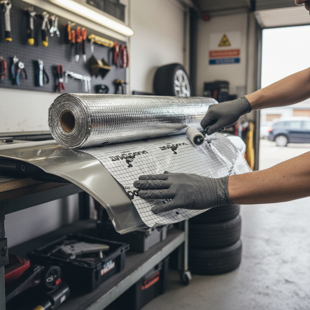 Technician applies Premium Self-Adhesive Sound Deadening Roll 5m to car panel, showcasing flexible butyl construction for noise reduction and vibration damping, ideal for soundproofing and acoustic insulation in vehicles.