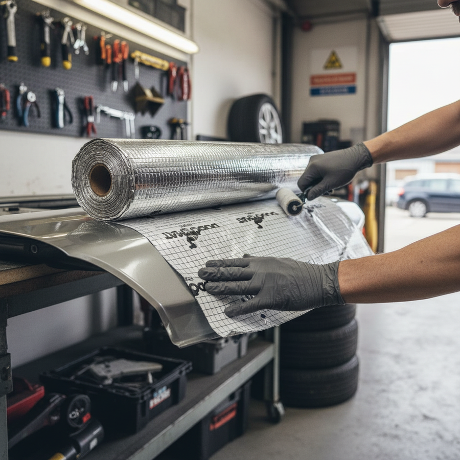 Technician applies Premium Self-Adhesive Sound Deadening Roll 5m to car panel, showcasing flexible butyl construction for noise reduction and vibration damping, ideal for soundproofing and acoustic insulation in vehicles.