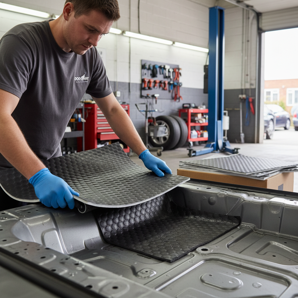 Technician installs Premium 3mm Sound Deadening Mat in vehicle's trunk, utilizing high-grade butyl rubber for superior noise reduction and vibration damping, ideal for acoustic insulation and soundproofing.