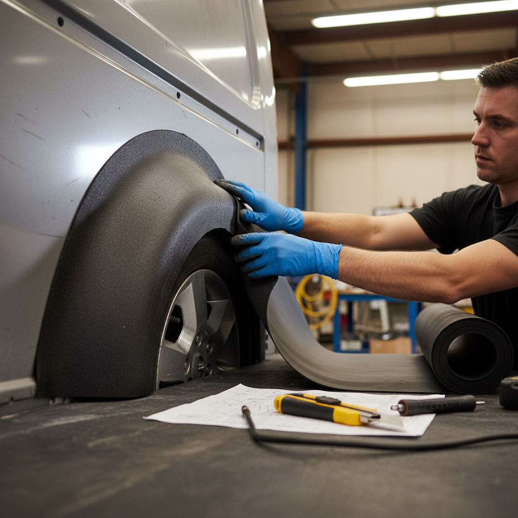Technician installing Professional High-Performance Mass Loaded Vinyl Acoustic Barrier Mat for Automotive Use, emphasizing soundproofing and noise reduction. Workshop tools visible, highlighting flexible installation for optimal sound insulation and vibration damping.