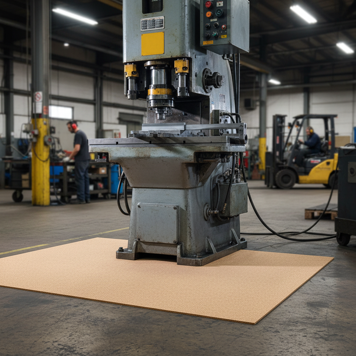 Premium Fine Grain Large Cork Roll - 10m x 1m, 2mm Thick for Interior Walls, perfect for soundproofing and acoustic insulation, sits prominently in a metal-working shop, embodying industrial-grade quality and noise reduction utility.