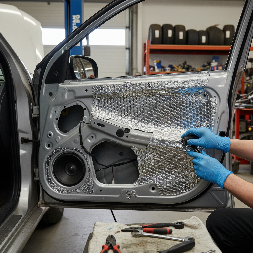 Premium Sound Deadening Vibration Damper - 30 Sheets being installed in a car door, showcasing acoustic insulation and noise reduction. Blue-gloved hands press soundproofing mats onto metal, surrounded by auto-shop tools.