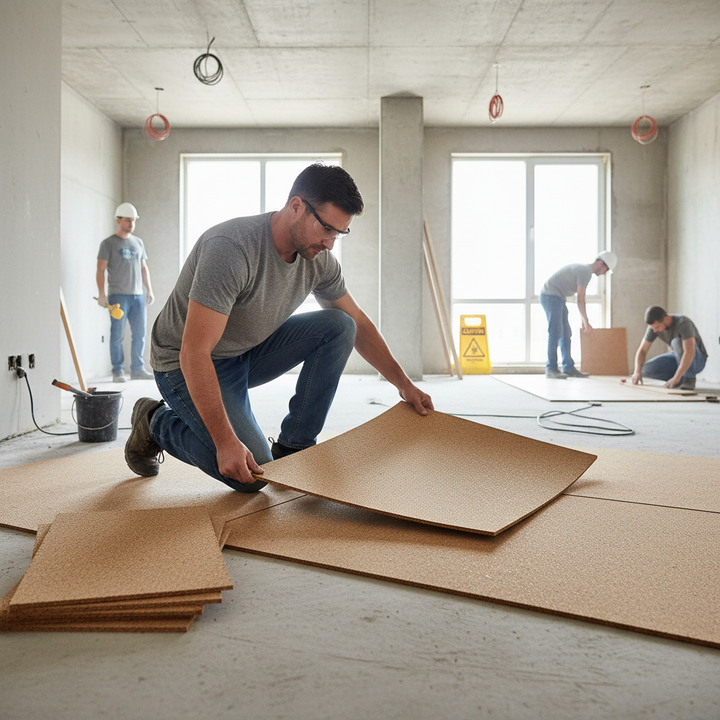 Man installing Premium High Density Cork Rolls 915mm x 610mm - 3mm Thick - Pack of 4 for Train Track Underlay and Insulation in unfinished room, enhancing soundproofing and acoustic insulation during renovation.