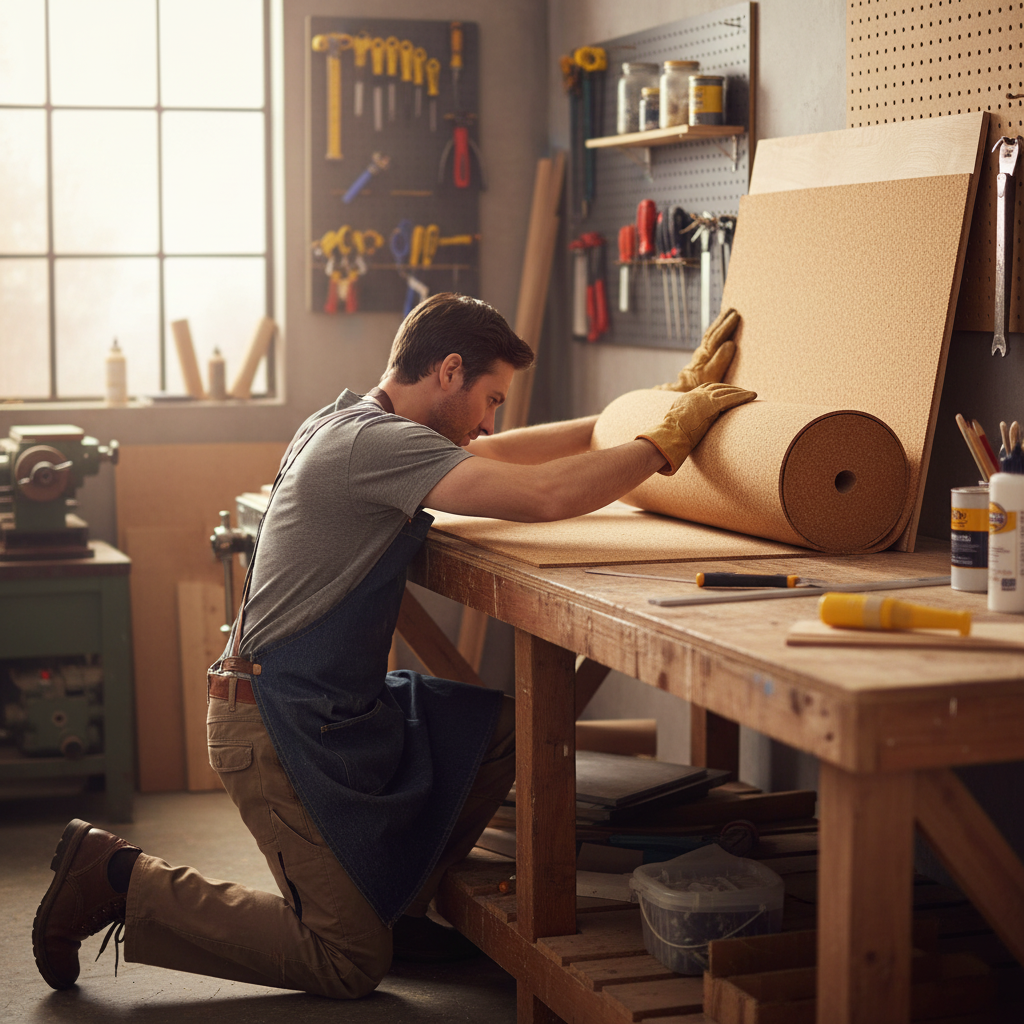 Man in a workshop unrolls the Premium Fine Grain Large Cork Roll - 2m x 1m - 10mm Thick for Interior Walls, ideal for soundproofing and acoustic insulation, amidst tools and materials.
