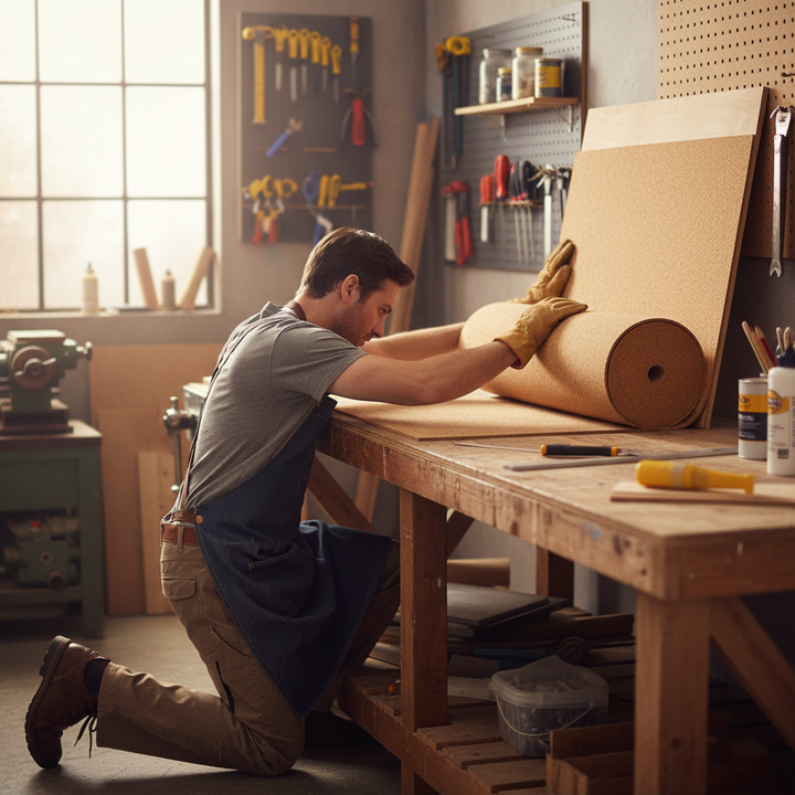 Man in a workshop unrolls the Premium Fine Grain Large Cork Roll - 2m x 1m - 10mm Thick for Interior Walls, ideal for soundproofing and acoustic insulation, amidst tools and materials.