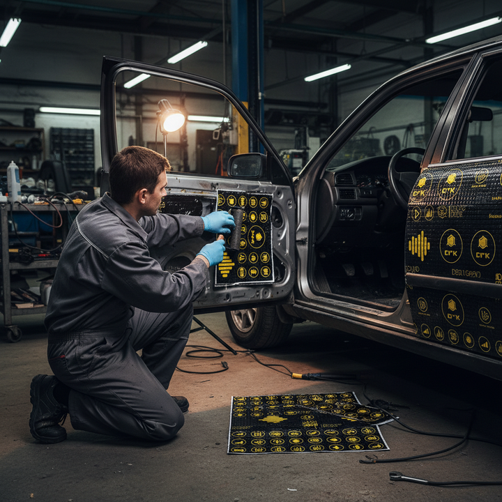 Technician applying Premium Professional Deadening Mats 3mm Thick for Effective Noise and Vibration Reduction - 2.22sq.m Coverage to car door interior, highlighting soundproof, acoustic, and noise reduction capabilities with visible tools nearby.