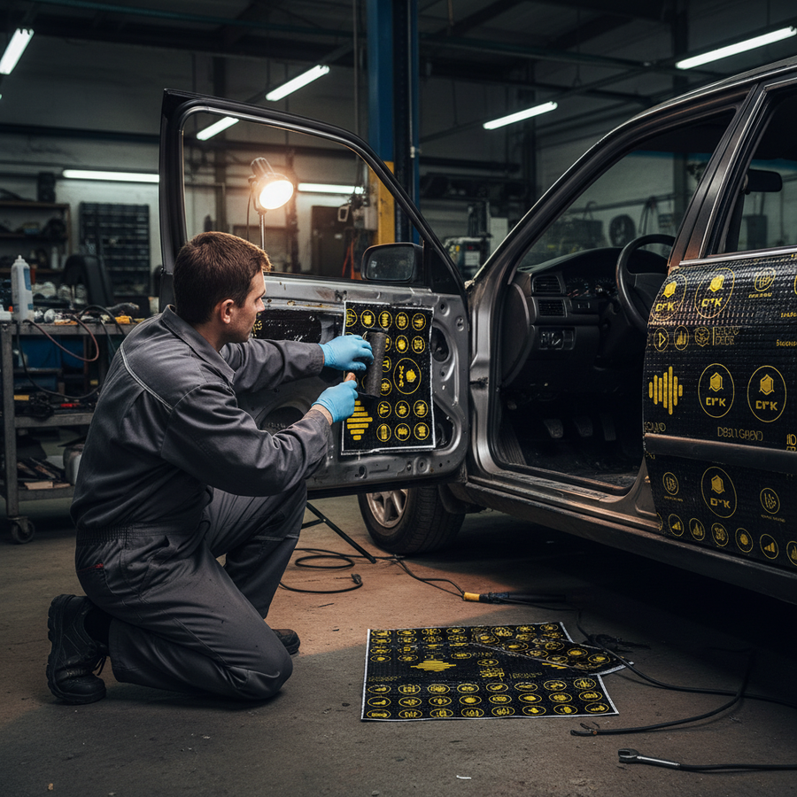 Technician applying Premium Professional Deadening Mats 3mm Thick for Effective Noise and Vibration Reduction - 2.22sq.m Coverage to car door interior, highlighting soundproof, acoustic, and noise reduction capabilities with visible tools nearby.