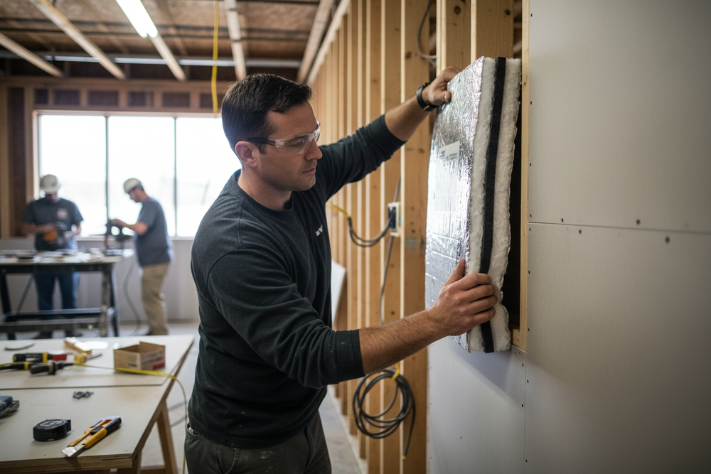 Tradesman installs Premium High-Performance Acoustic Barrier Sound Insulation System in a wood-studded wall cavity, showcasing its easy installation and noise reduction capability up to 53dB for effective soundproofing.